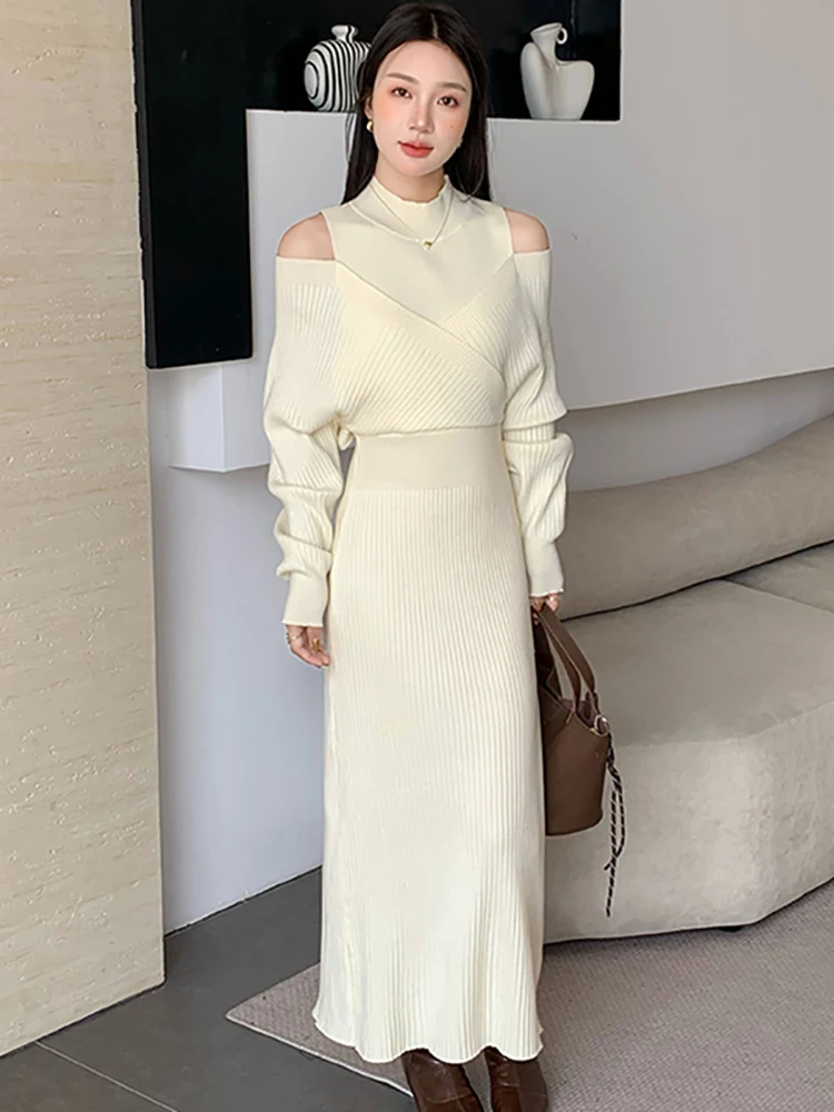 

Women Knitted Patchwork Chic Fake Two Piece Dress Autumn Winter Long Sleeve Off Shoulder Sexy Dress 2025 Korean Bodycon Dresses