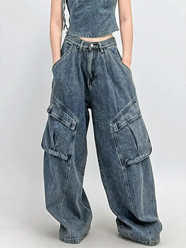 

Женские синие мешковатые джинсы-карго Y2K American High Street Harajuku Эстетический винтажный дизайн Широкие джинсы Брюки Брюки Одежда