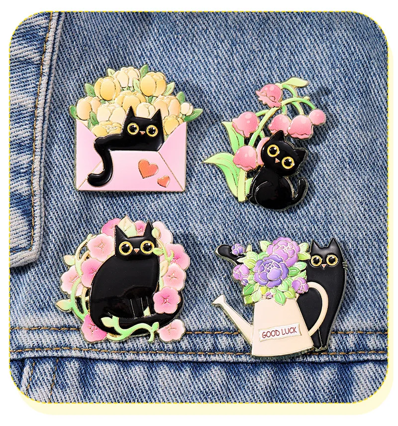 4-piece cat floral set: fresh and cute black cat envelope, clothing, hat, backpack, brooch, badge accessories, gift