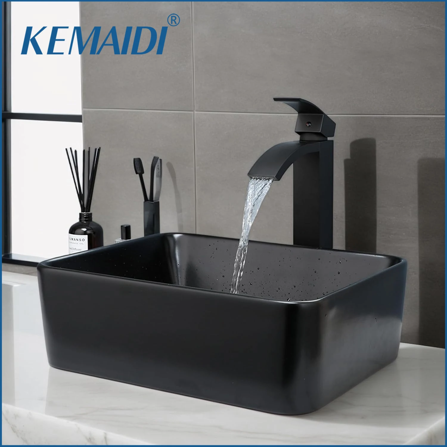 

KEMAIDI Black Ceramic Vessel Sink Bathroom Countertop Washbasin Sink Household Creative Square Ceramic Basin Sink Faucet Combo