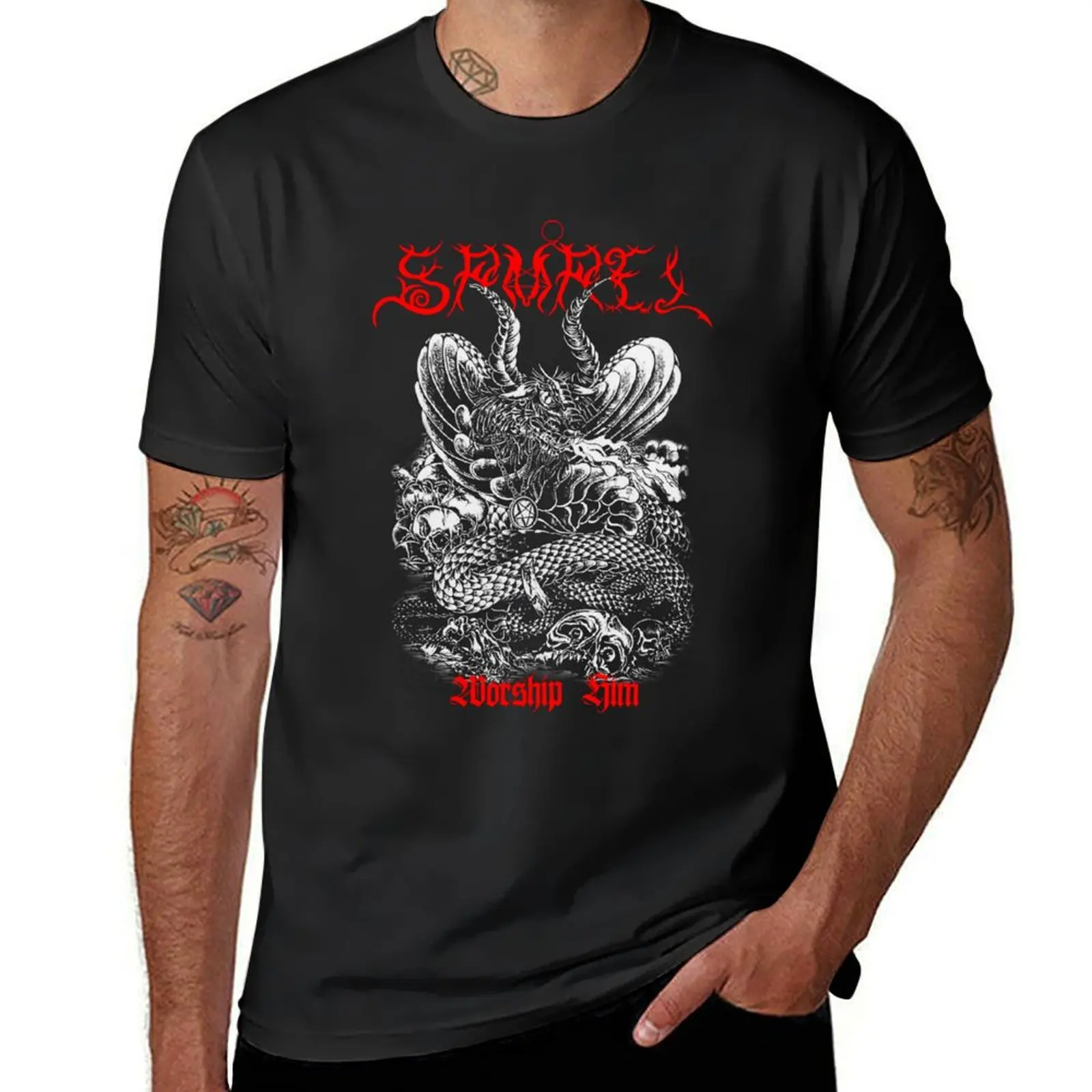 Worship Him Samael - Classic Old School Black Metal T-Shirt animal prinfor boys anime clothes plain white t shirts men