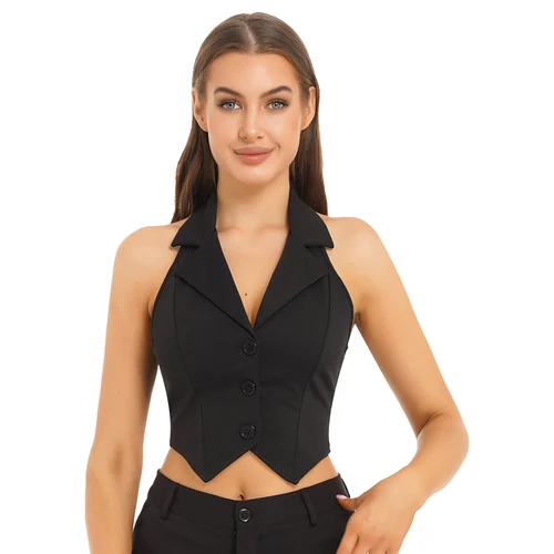 Imagen 2 del producto Chalecos de Mujer con cuello Halter, Tops cortos de oficina para Mujer, chaleco Formal elegante OL con cuello en V, trajes, chaleco, Ropa de Trabajo de negocios para Mujer