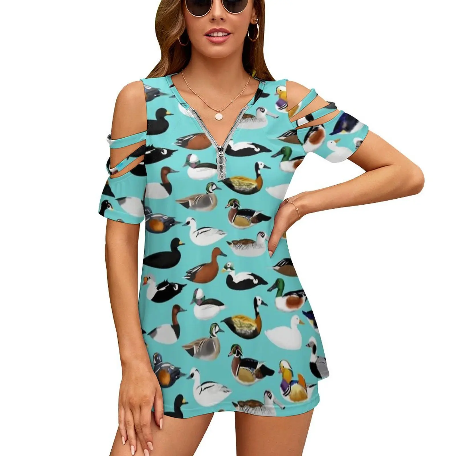 Pato pato mujeres cremallera Sexy impreso Vintage camisetas Tops estampado completo camiseta patos agua aves mallard Scoter Teal Smew