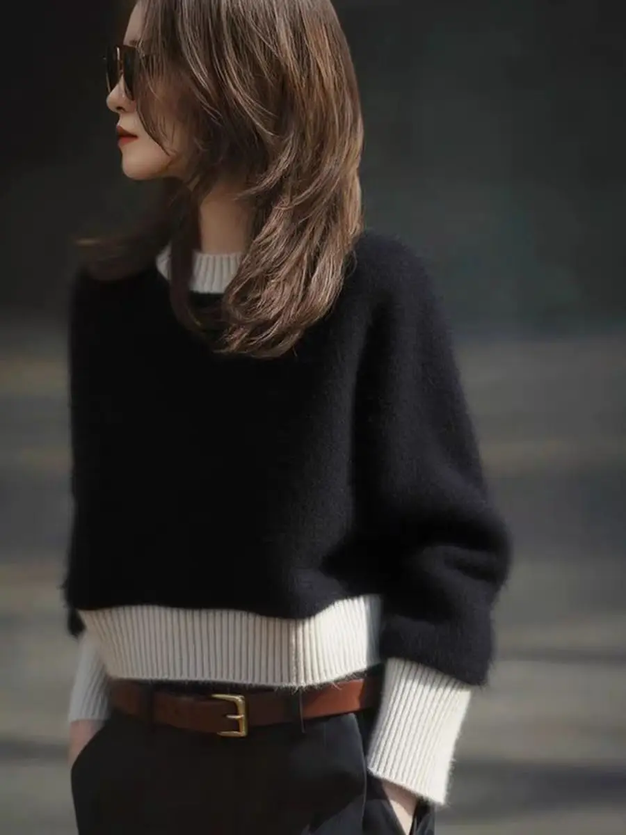 

New 25 winter round neck 100 pure wool knitted pullover sweater Color blocked short style Women's O-neck loose and lazy base top