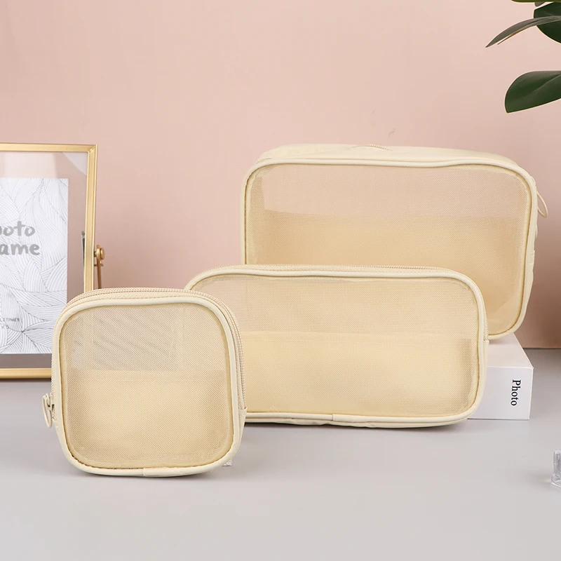 Mesh Cosmetic Bag Beige Zipper Multifunctional High Capacity Travel Wash Bag Size Small Medium And Large Storage Bag