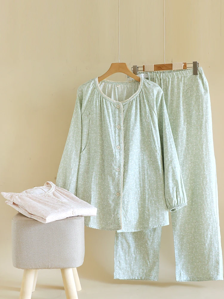 純綿ガーゼマタニティナイトガウン長袖授乳服春夏秋快適なソフトホームウェア