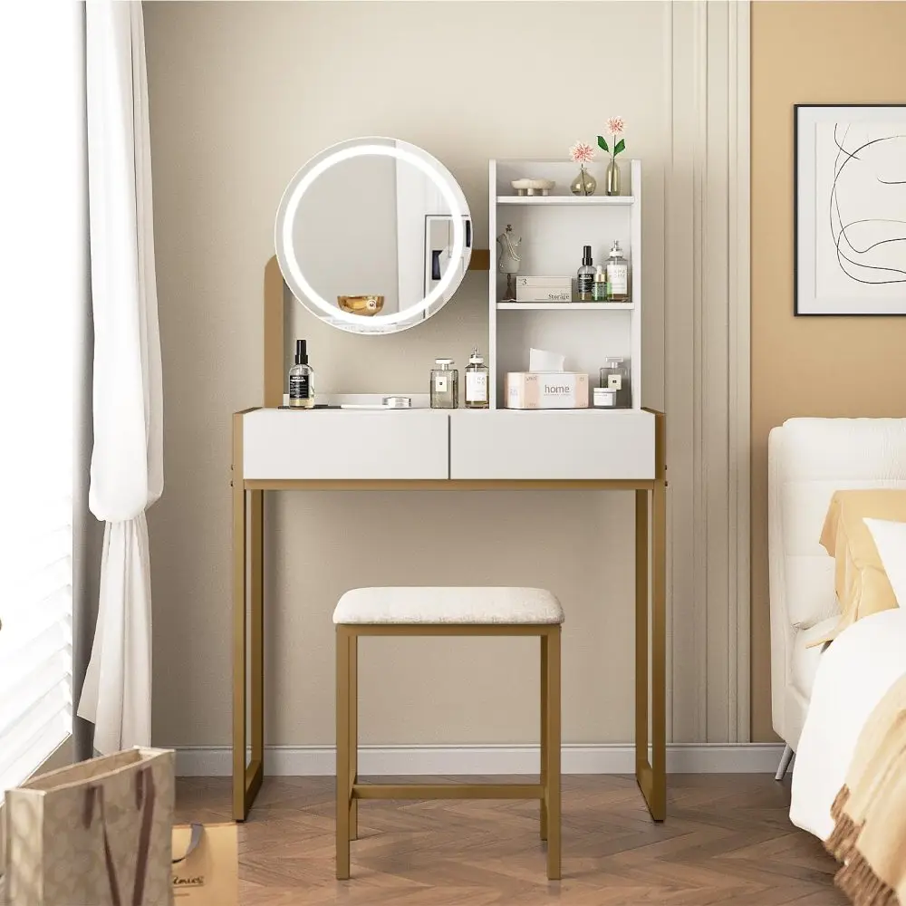 This Small, White-gold Vanity Table Features A Mirror and Light. It Includes An LED Mirror, Three Lighting Modes, A Power Outlet, Drawers for Flexible Storage of Various Beauty Products, Open Shelves, and A Cushioned Stool. Suitable for A Bedroom.