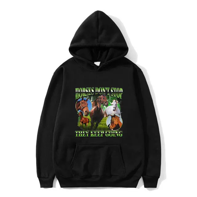 

Мужская толстовка оверсайз с забавным мемом о лошадях: «Лошади не останавливаются, они продолжают движение». Для любителей верховой езды.