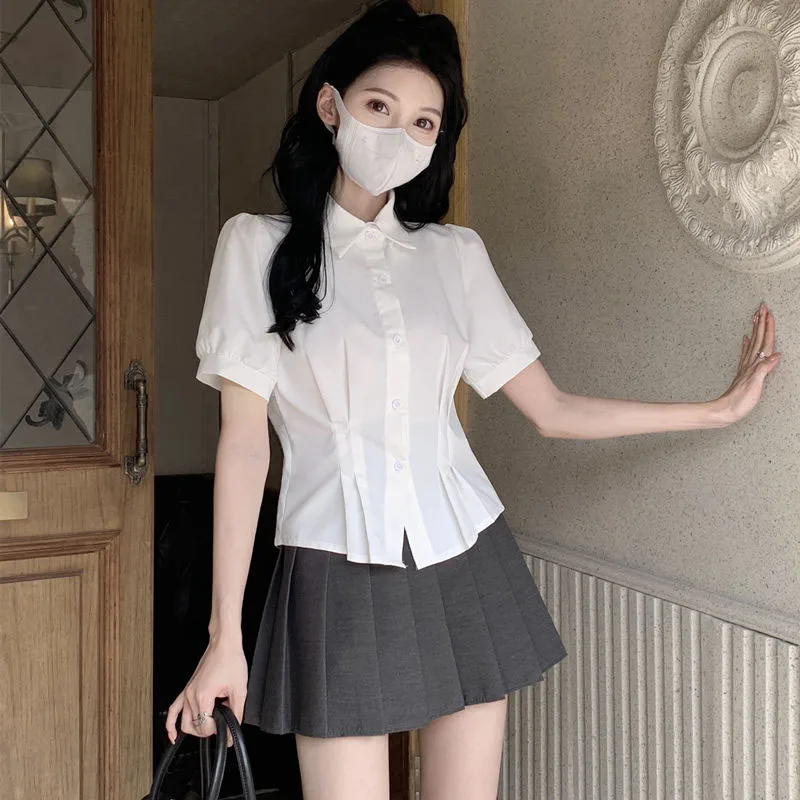 White Blue Short Sleeve Shirts Women Summer New College Style Button Up Slim JK Shirts Korean Turndown Collar Students Blouses