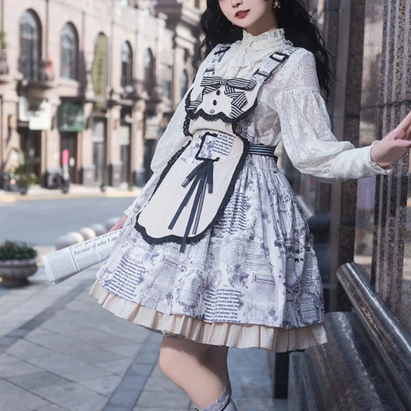 

Retro Niche Design Dark Gothic Style Halloween Detachable Apron Printed Suspender Dress Lolita