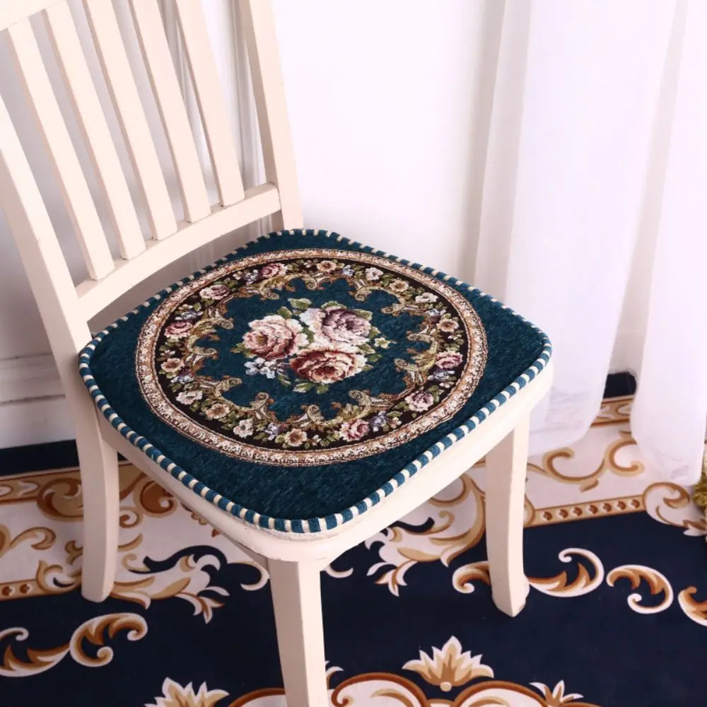 

Stylish Chenille Dining Chair Cushion Vintage Floral Pattern Embroidered Chair Mat Non-slip Detachable Seat Mat Household
