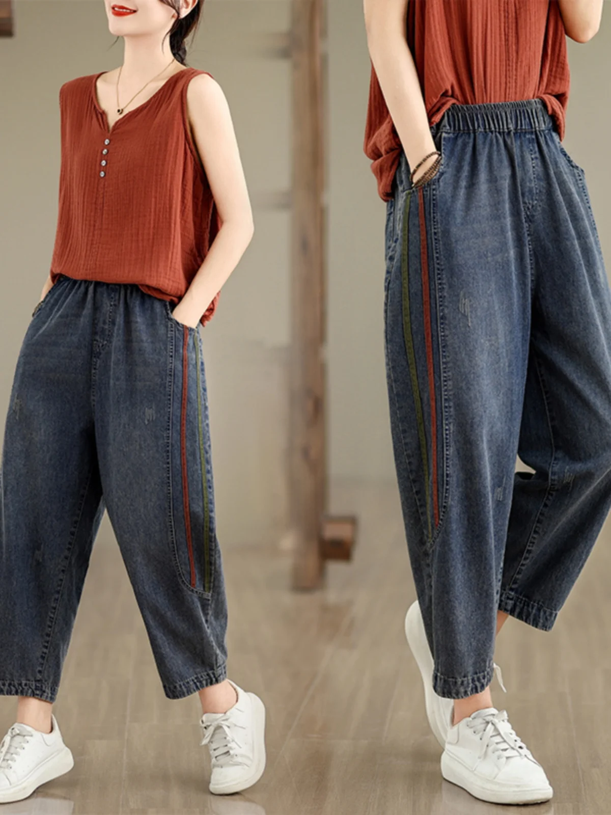Damskie jeansy retro z pełnej bawełny, letnie, kolorowe, z naszywkami, dopasowane, długość 7/8, luźne spodnie typu \"kapusta\", uniwersalne.
