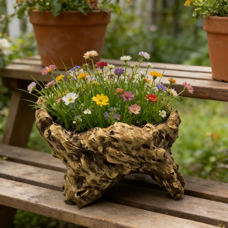 Resin flower pots for home gardening Rustic Driftwood-Style Succulent Planter, Resin Log-Shaped Flower Pot for Indoor Plants