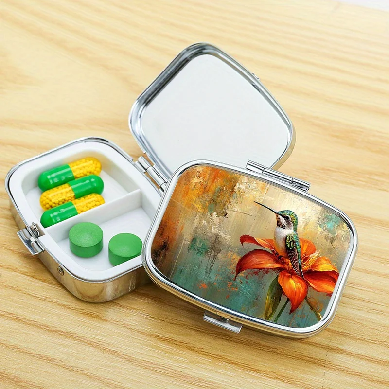 Hummingbird 104 New Patterned Square Multi-Layer Metal Pill Box, a Portable Metal Case Suitable for Travel, Outdoor Activities, or as a Personal Metal Case for Storing Items in a Bag, with the Printed Design Having Potential Slight Variations