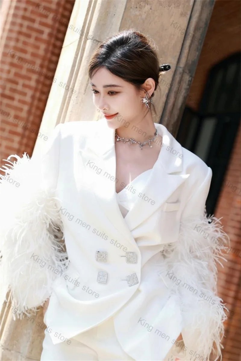Weißer Feder-Damenanzug-Set, 2-teilig, Blazer, Hose, Hose, maßgeschneidert, formelle Bürodame, Jacke, Hochzeit, Abschlussball, zweireihiger Mantel