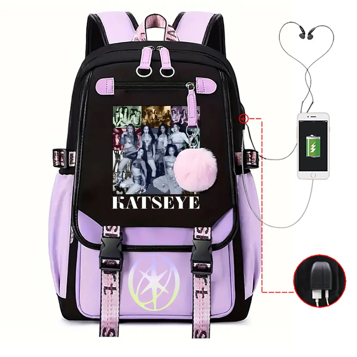 

Girls Teen Katseye Print Backpack External USB Charging Port Durable Rucksack Mochilas Casual Campus School Bag