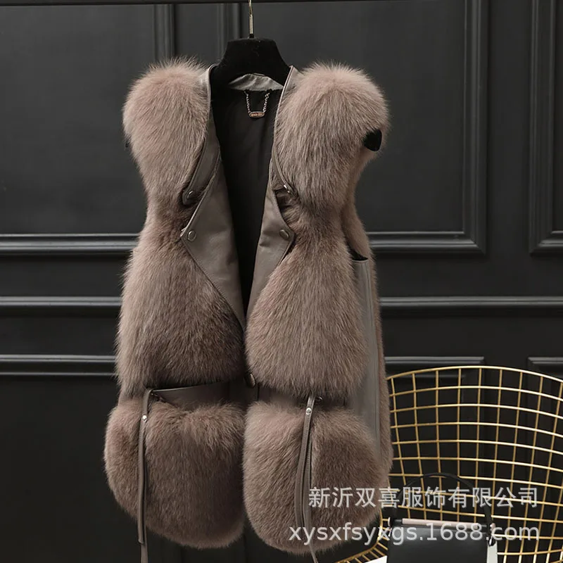 Feminino falso pele de raposa colete casacos sólidos jaquetas emendadas decote em v sem mangas único breasted grosso pele quente casual 2025 outono inverno