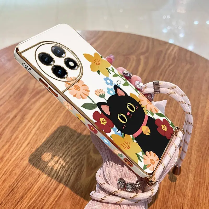 Lucky Cat Lanyard Plating Phone Case For Oneplus 11R 10R 10T 11 10 Pro 9 9R 9RT 8T 8 8 Pro Cover