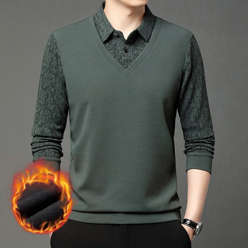 Men's Casual Long Sve Fce Lined Thiened T-irt Collared Faion Fake Two-Piece Dad Clothes Polyester Spandex Blend