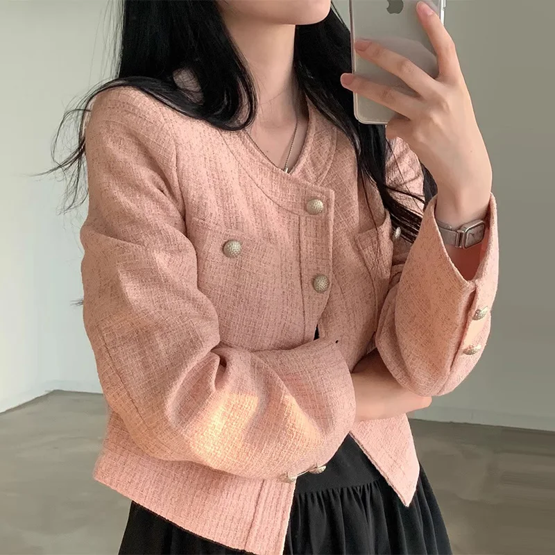 

Chic Autumn Pure Color Loose Long Sve round Ne Single Button Women's Jaet Versatile Double ket Commute Sle Outerwear