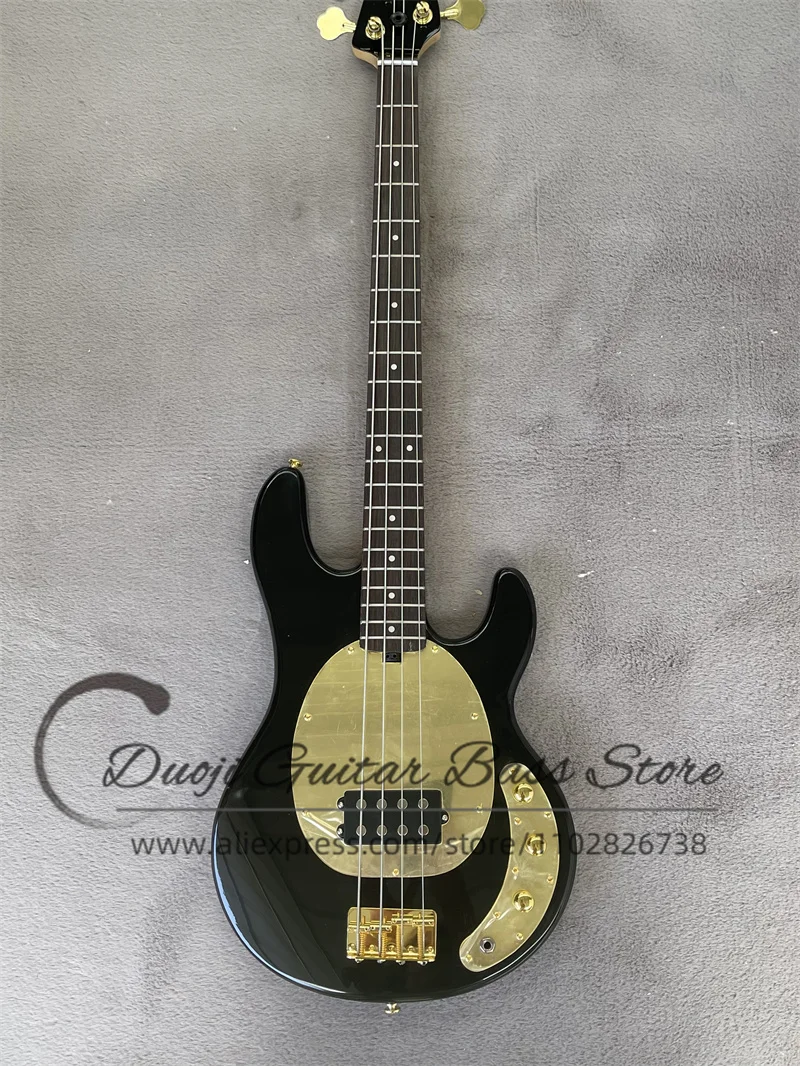 Black electric bass 4-string Basswood Body Gold Fixed bridge Gold mirror guard Rosewood fingerboard Maple neck support custom