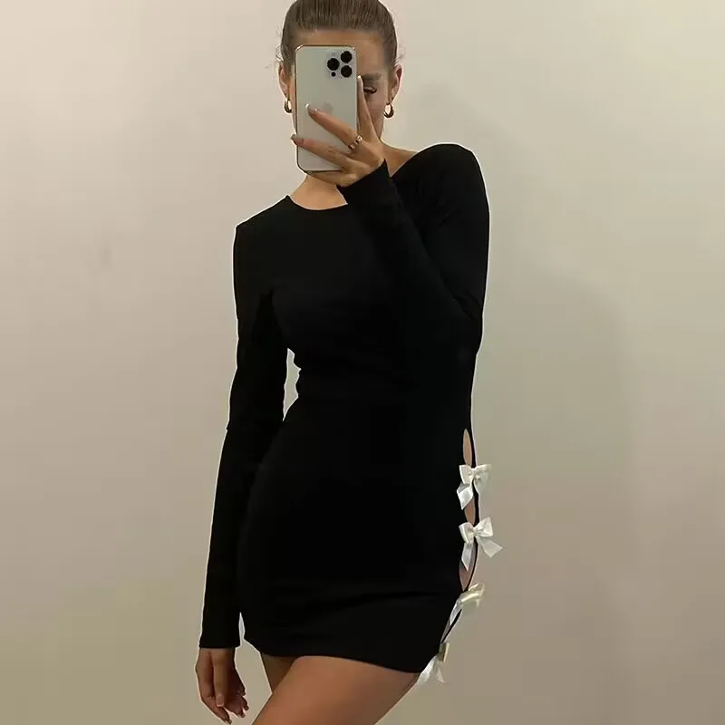 Bow Lace Up Bandage Dress Women Black Sexy Side Slit Slim Dress Female 2023 Fashion Hollow Out High Waist  Mini Dress