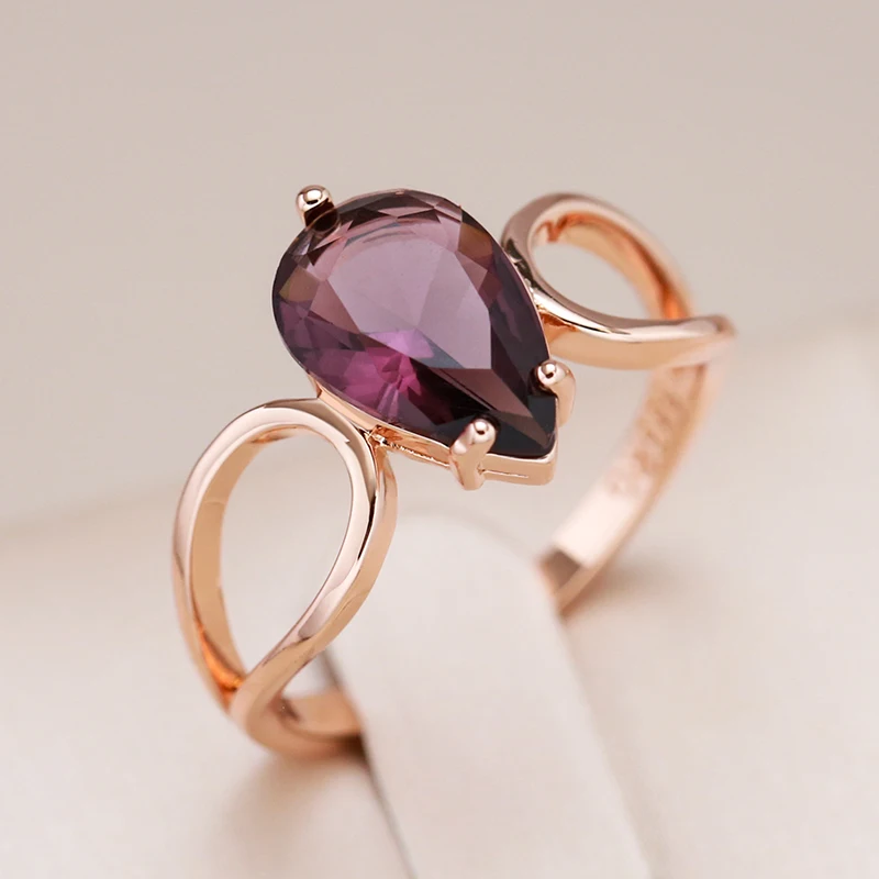 Kinel Sparkling Water Drop Purple Natural Zircon Rings for Women Luxury Unusual 585 Rose Gold Color Party Daily Jewelry 2023 New