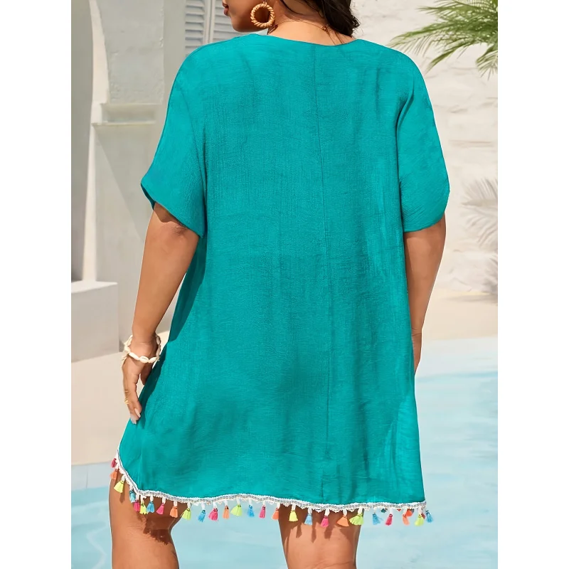 MOXDO Women's Bohemian StyleVLoose-fitting long dress，Colorful embroidered tassel hem - Machine washable for vacation、Poolside a