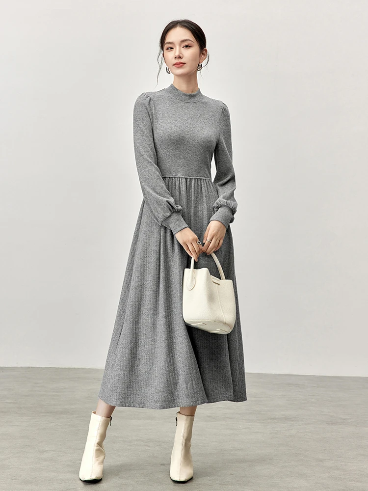 

SENTUBILA Women A-line Knitted Dresses 2024 Winter Luxury Retract Waist Solid Simple Comfort O Neck Long Sleeve Dress 144L57052