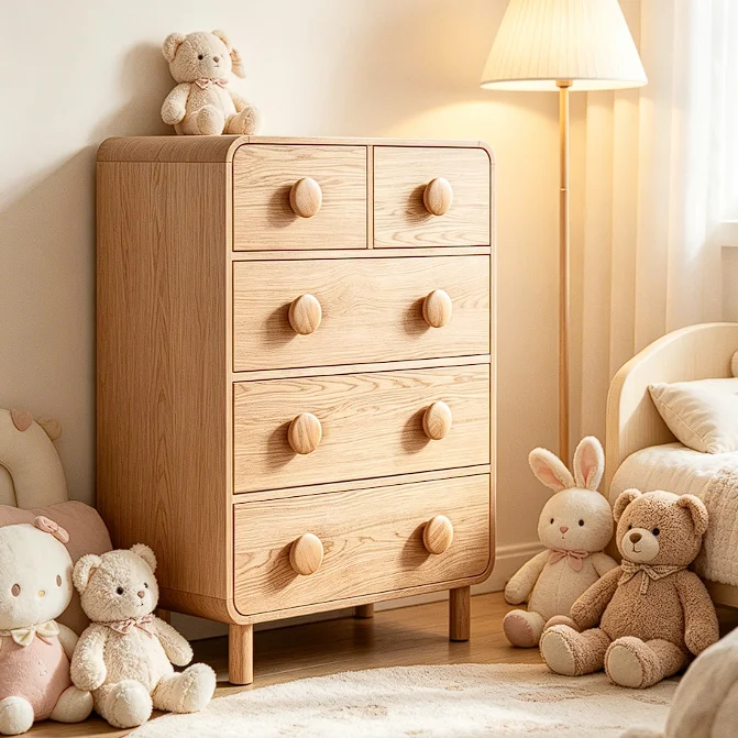 Soft Japandi Style Home Furniture Rounded Corner Wooden Multi-Drawer Dresser with Ball Knobs for Bedroom Kids Room Storage