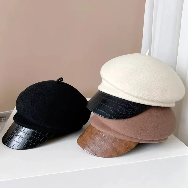 Fashion leather brim wool beret women's autumn/winter Korean style newsboy hat British knight hat duck cap Japanese system