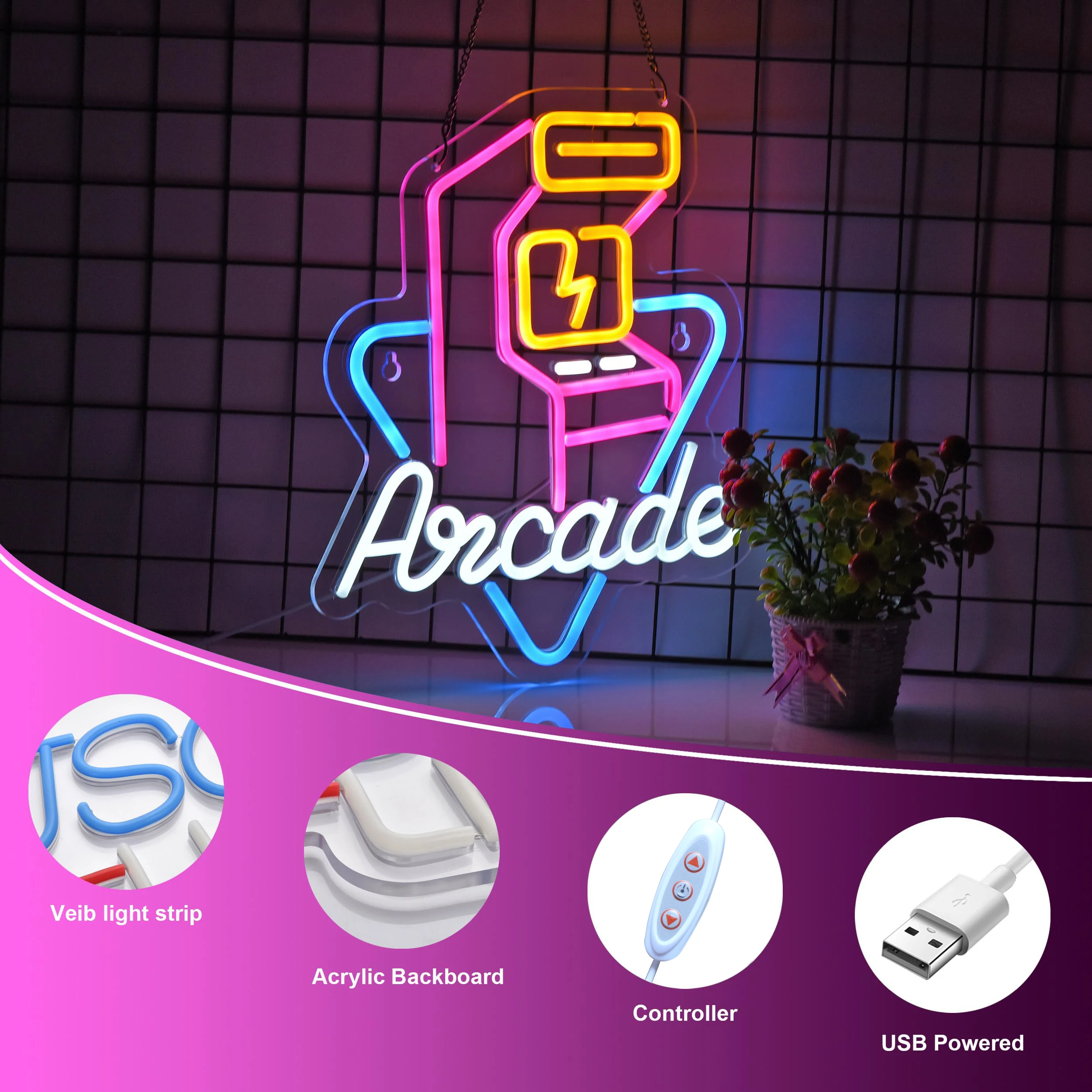Arcade Neon Sign Personalized Game LED Neon Light Sign Dimmable for Bedroom Game Room Home Internet Cafe Wall Decoration Gifts