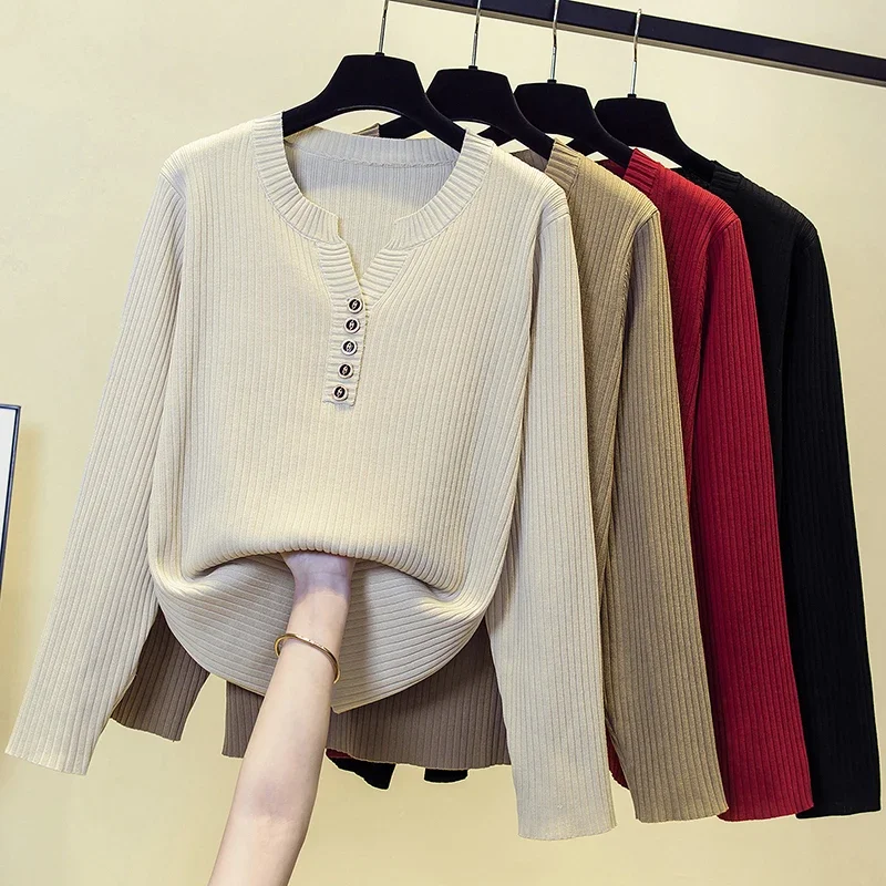 

Korean Elegant Loose Sweater Pullover Women Twisted Knit Plaid Fashion Knitwear Tops 2024 Spring V Neck Jumpers Femme Y2K