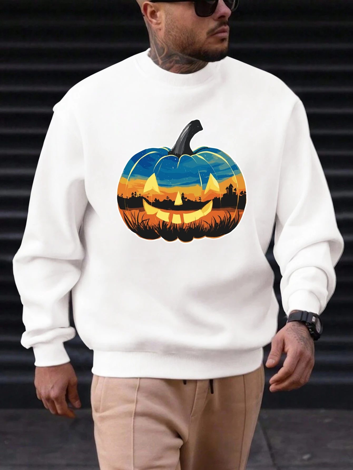 

Men's Cotton Crewneck Halloween Sweatshirt Retro Pumpkin Graphic Print 2025 Trending Festival Casual Top for Party Daily Wear