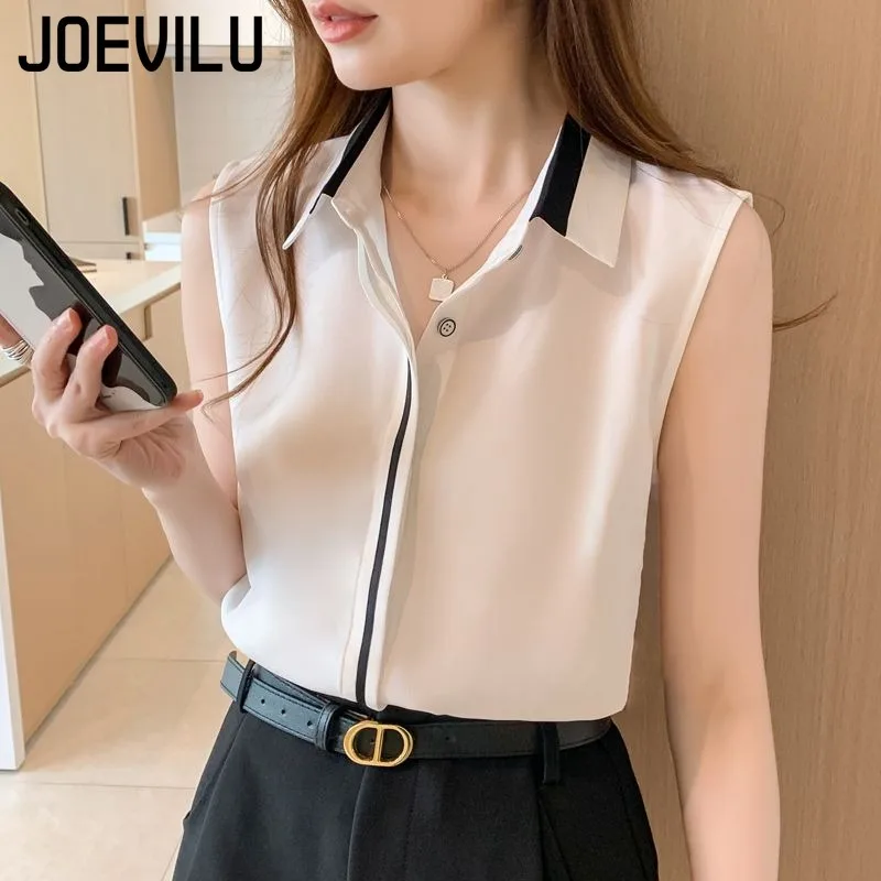 

JOEVILU Women's Fashionable Summer New Chiffon Cardigan Fashion Sleeveless White Vest Loose Button Outer Shirt Chiffon Tops