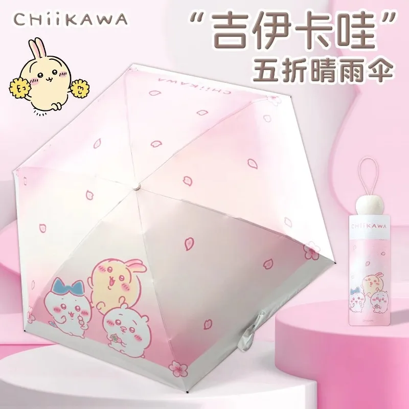 Cute Chiikawa Cherry Blossom Folding Umbrella Black Glue UV Protection Sun Rain Dual Use Cartoon Hachiware Parasol Portable