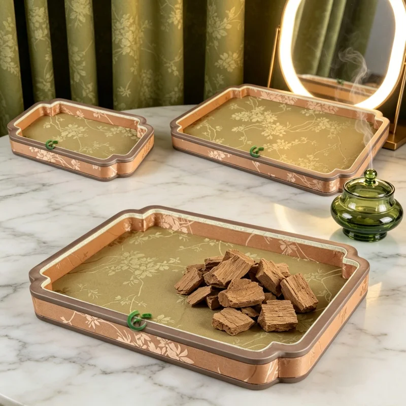 Middle Eastern Palace Brocade Wood Tray, Floral Corner Viewing Dish for Hand String & Pendant, Eid Mubarak Prop