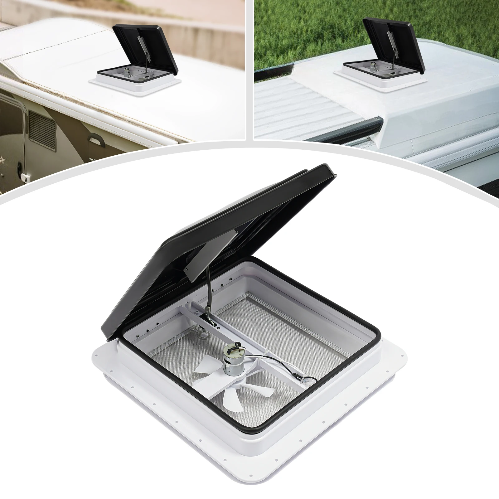 Ventilador de Techo para RV de 420x420mm, Claraboya Cuadrada para Caravana, Ventana Abatible, Ventilación para Autocaravana con Malla Antimosquitos