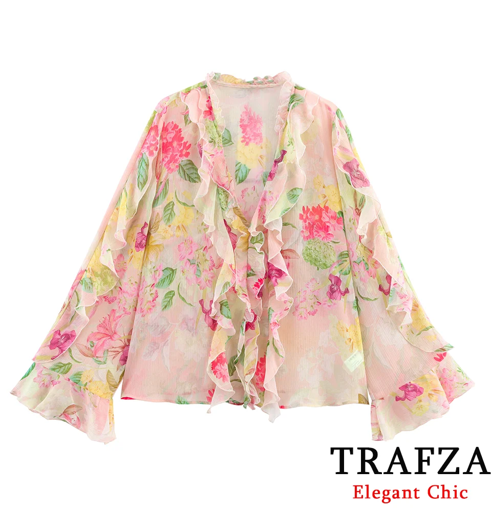 

TRAFZA-Women Casual Chic Print Shirt Laminated Decorative Lotus Leaf Collar Shirt New 2025 Summer Vacation Picnic Holiday Shirt
