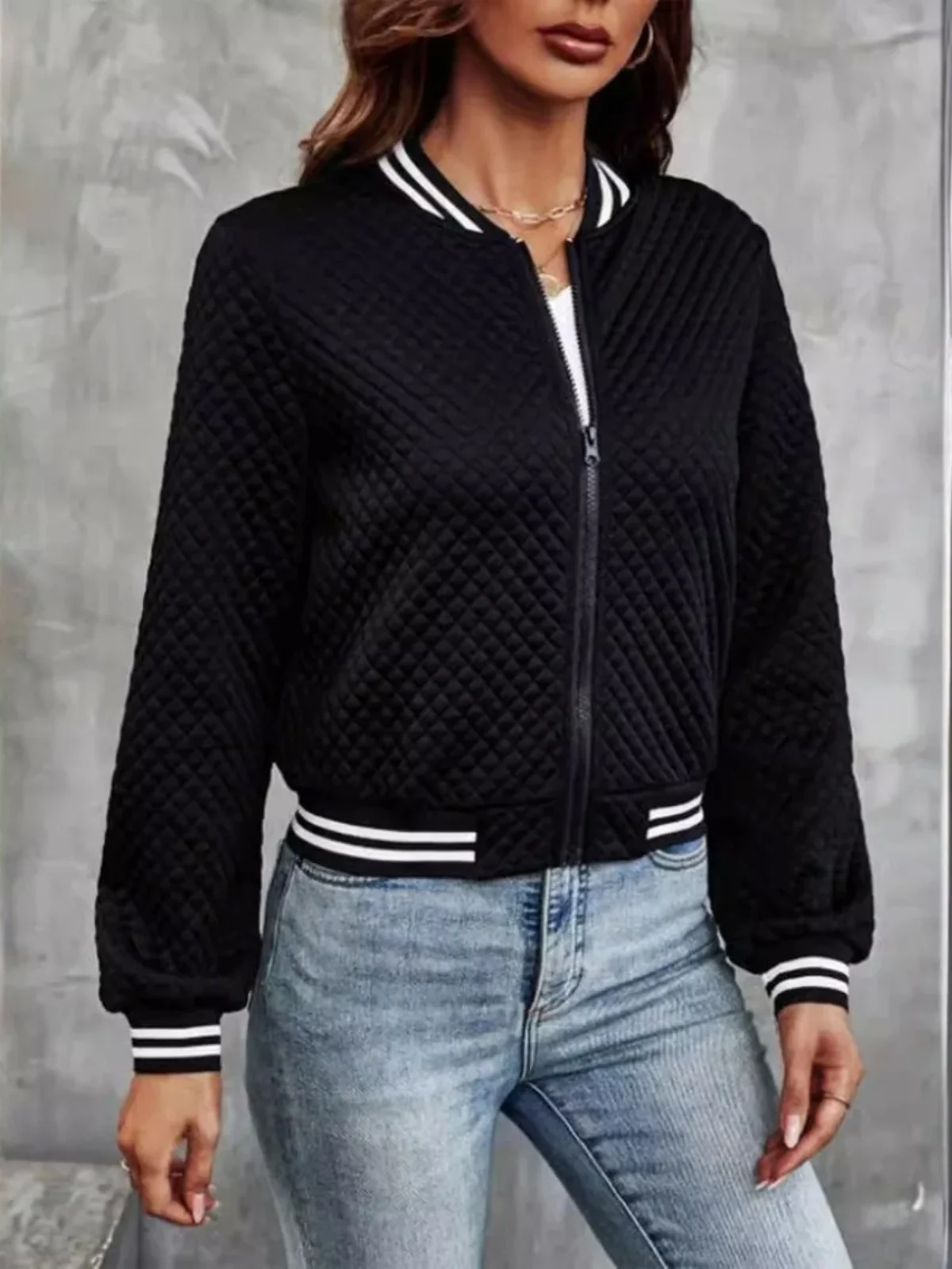 Rayé Long Sve Cheered ort Jaet Vêtements d'extérieur coupe ample pour femmes Col montant Fermeture à glissière Saison d'automne Régulier Épais...