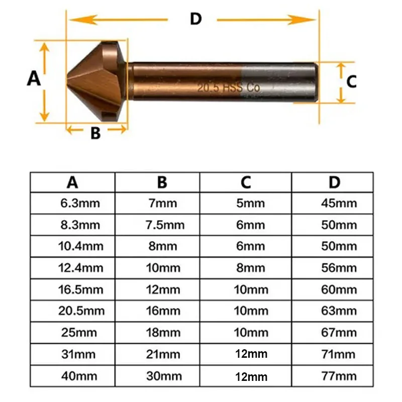 90 Degree M35 Cobalt Chamfer Countersink Drill Bit 3 Flutes Deburring Stainless Steel Reaming Chamfering Cutter 6.3-40mm