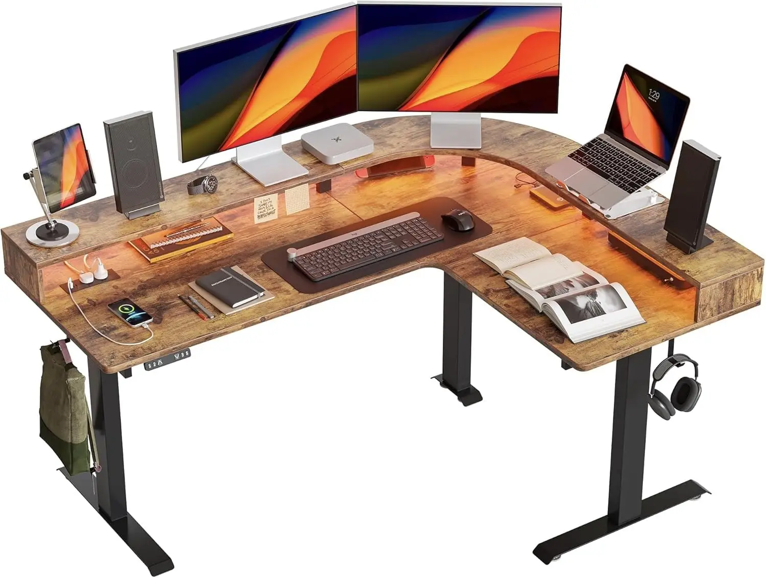 

63" L-Shaped Electric Height Adjustable Desk with LED, Outlet, Triple Motor 330LBS, Monitor Stand, Rustic Brown, Customized