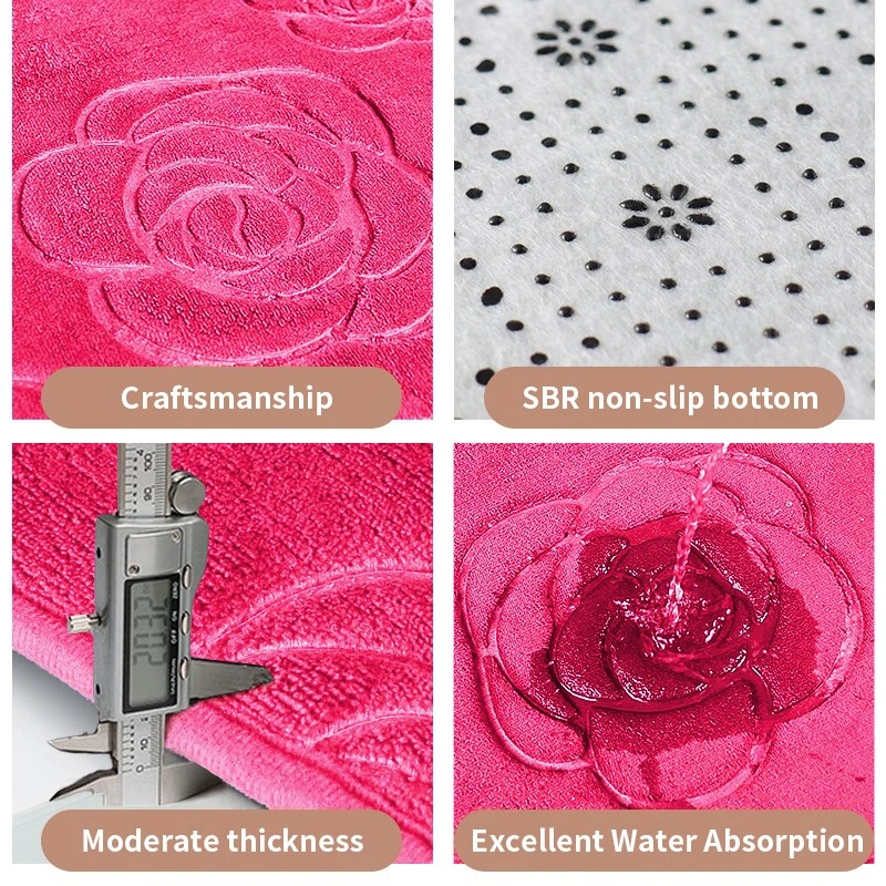 Rose Coral Fleece Bath Floor Mat Soft Absorbent Machine Washable Carpet Shower Doormat Bathroom Rug Quick Dry Non-Slip Area Mat