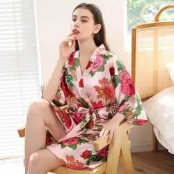 Loose Bathrobe Sexy Print Flower Women Kimono Robe Gown Satin Silk Intimate Lingerie Nightgown Soft Home Dressing Gown