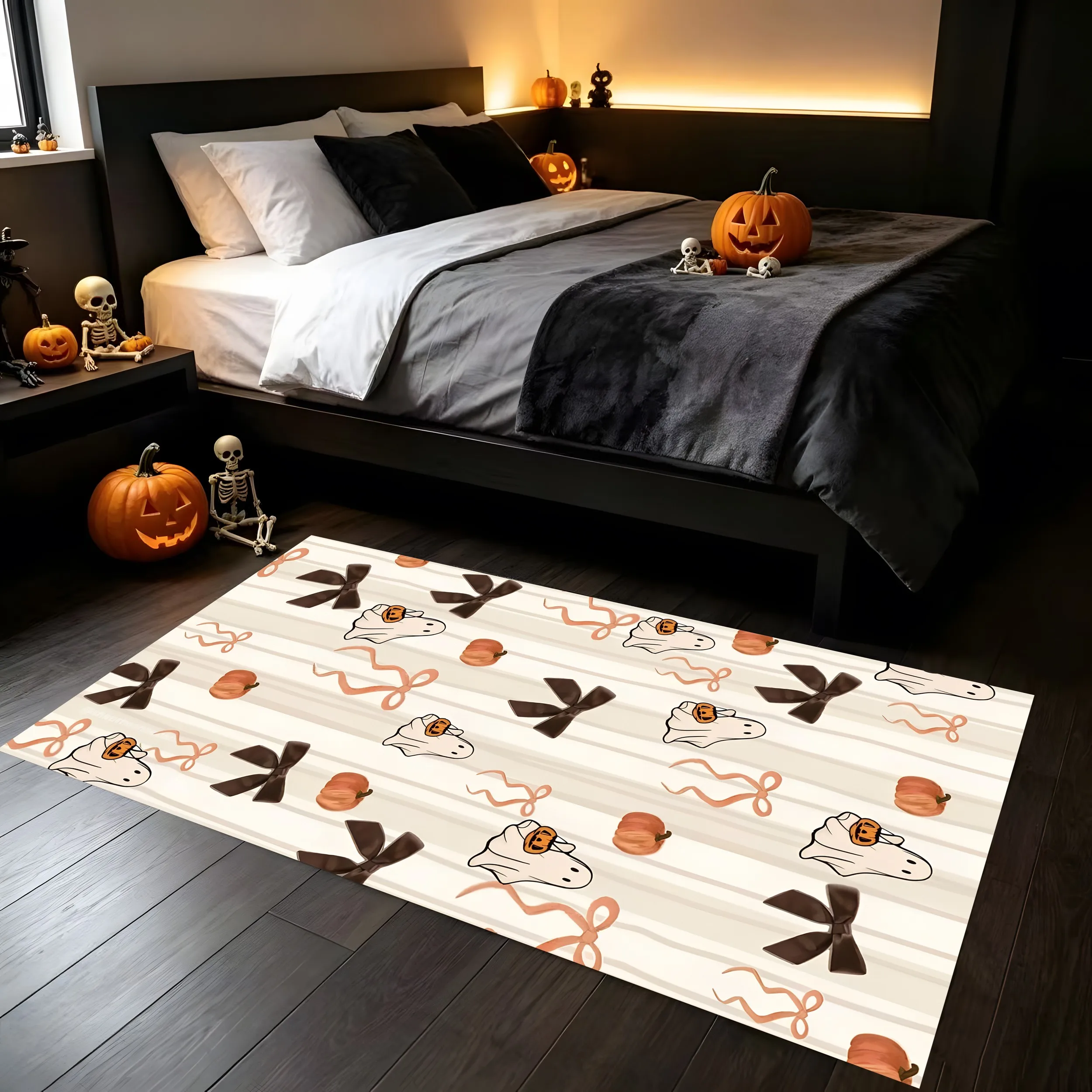 2D Carpet Ghostly Pumpkin Bow Prints Soft Cute Soothing Visuals Creating Warm Festive Halloween Atmosphere