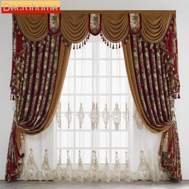 

Customized Luxurious Red Screen Jacquard Chenille Thickened Splicing Curtains for Living Room Bedroom French Window Balcony