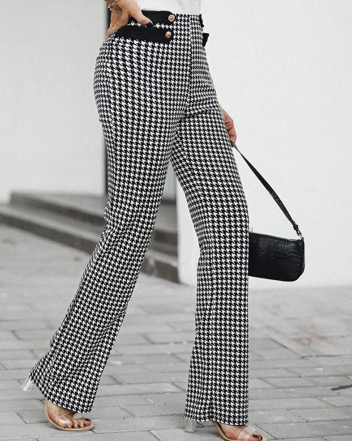 Elegant Women\'s Pants 2024 Spring Fashion Houndstooth Print Buttoned High Waist Wide Leg Casual Long Work Tailored Pants