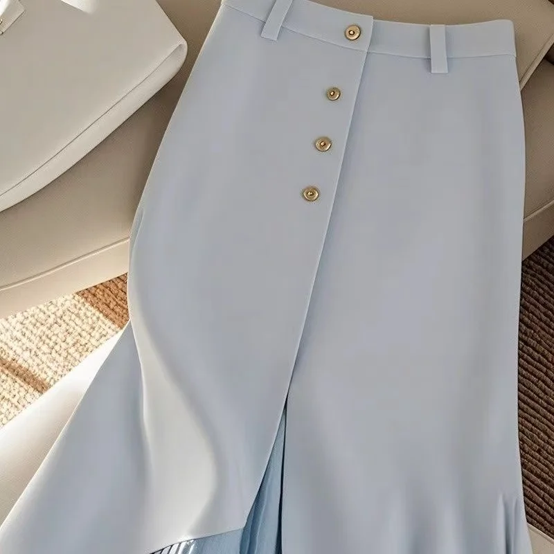 Women's Solid Color High Waist Pleated Skirt 2025 New Fashion Patchwork Office Lady Elegant Single Breasted Midi Party DRESS