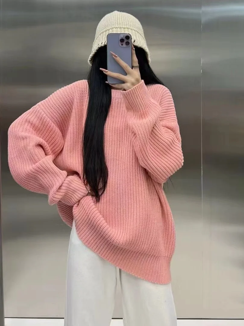 

Ladies' Thiened Long Sve Sweater Lazy Sle Outerwear Autumn Winter New Arrival Women's Knitted Top round Ne Color