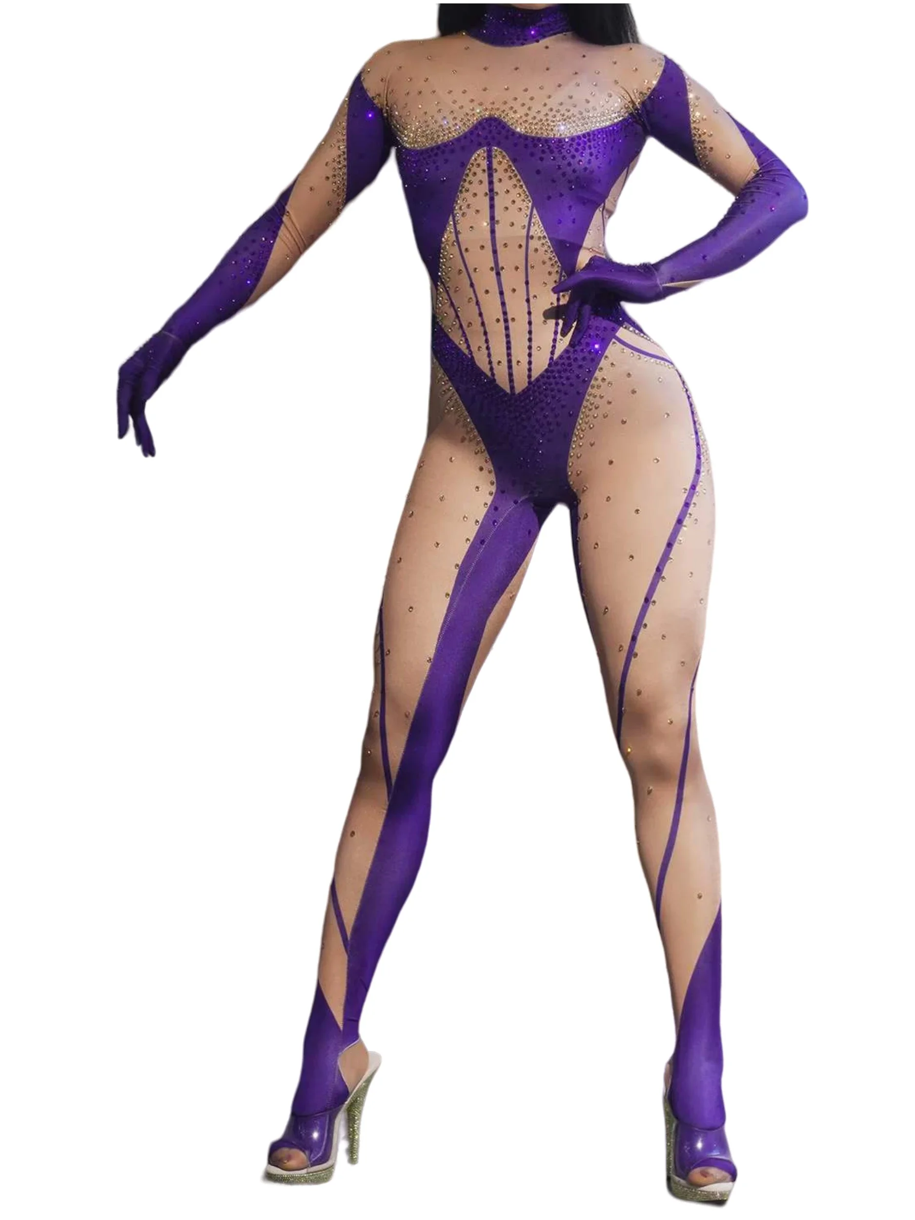 

Purple Women Rhinestone Jumpsuits Spandex Stretch Pole Dance Singer Sexy Stage Wear Night Drag Queen Performance Outfit